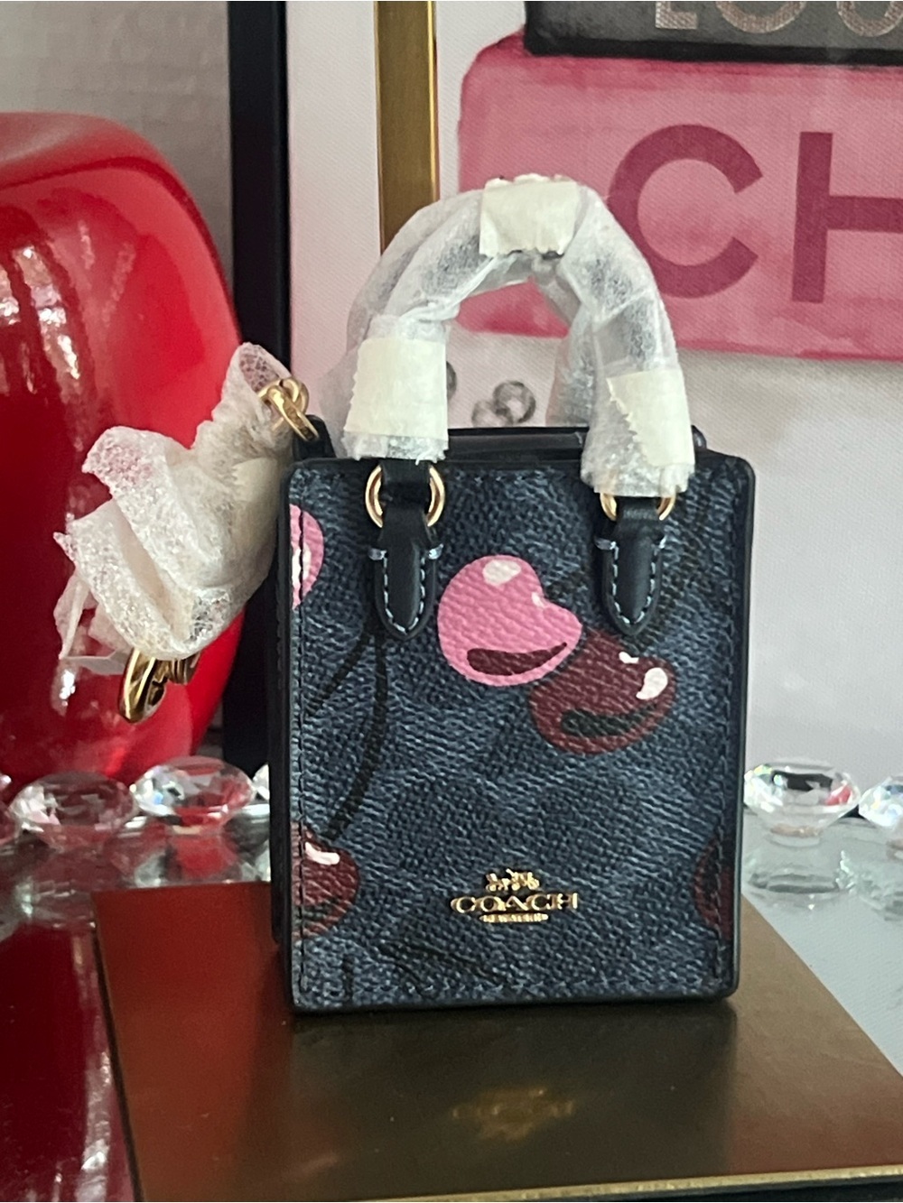 Coach NWT Black Mini Tote with Pink Cherry